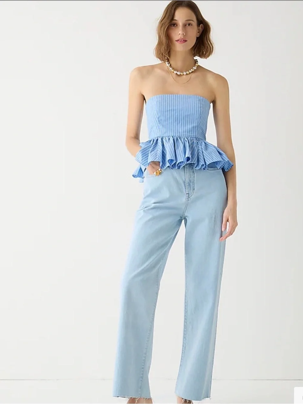 J.Crew Light Blue Striped Strapless Peplum Top Size 4